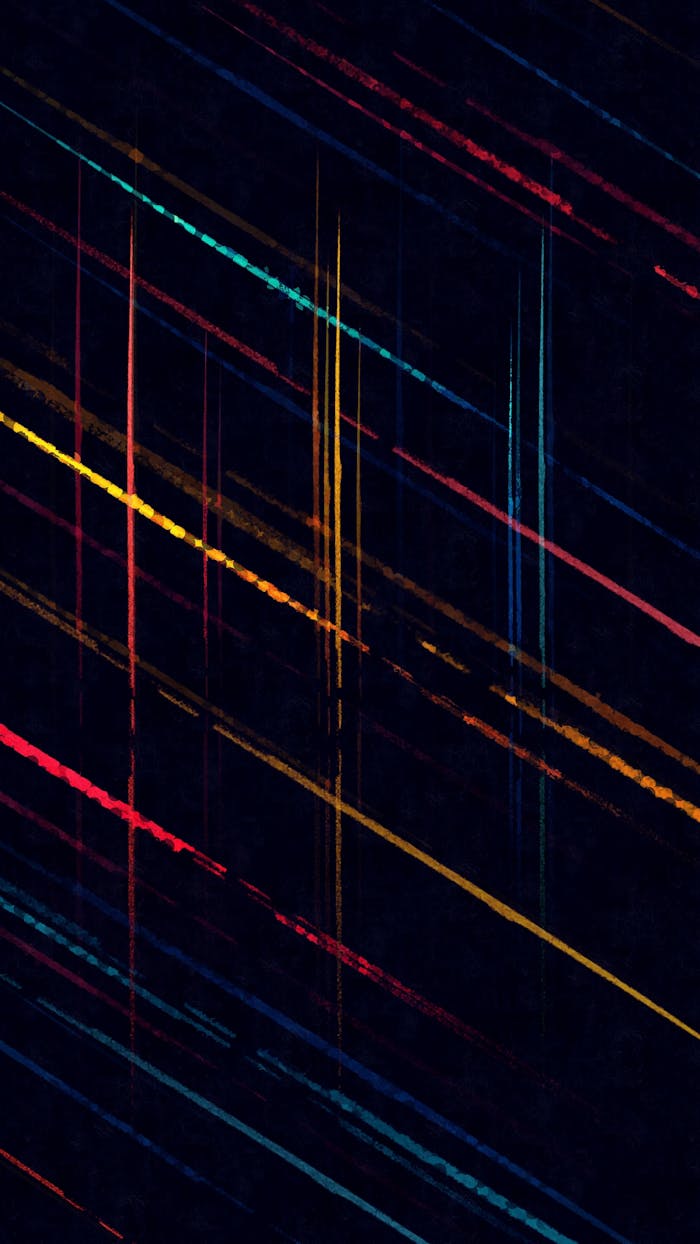 Vibrant abstract painting with colorful diagonal lines on a dark background, expressing energy and motion.